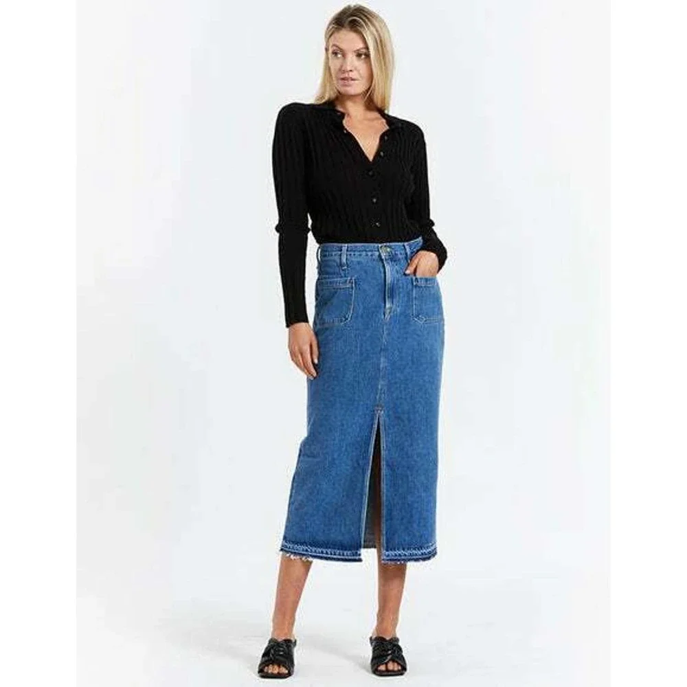 Frame Le Bardot Denim Jean Skirt Womens 24 Margolis Midi High Rise Raw Hem NEW - Picture 1 of 12